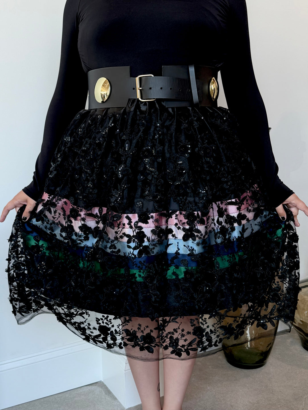 Floral Overlay Midi Ribbon Skirt