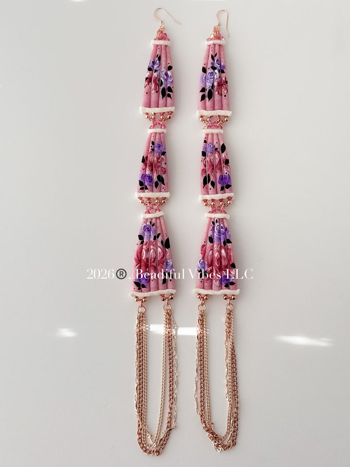 Roses & Peonies-Hand painted Dentalium Earrings