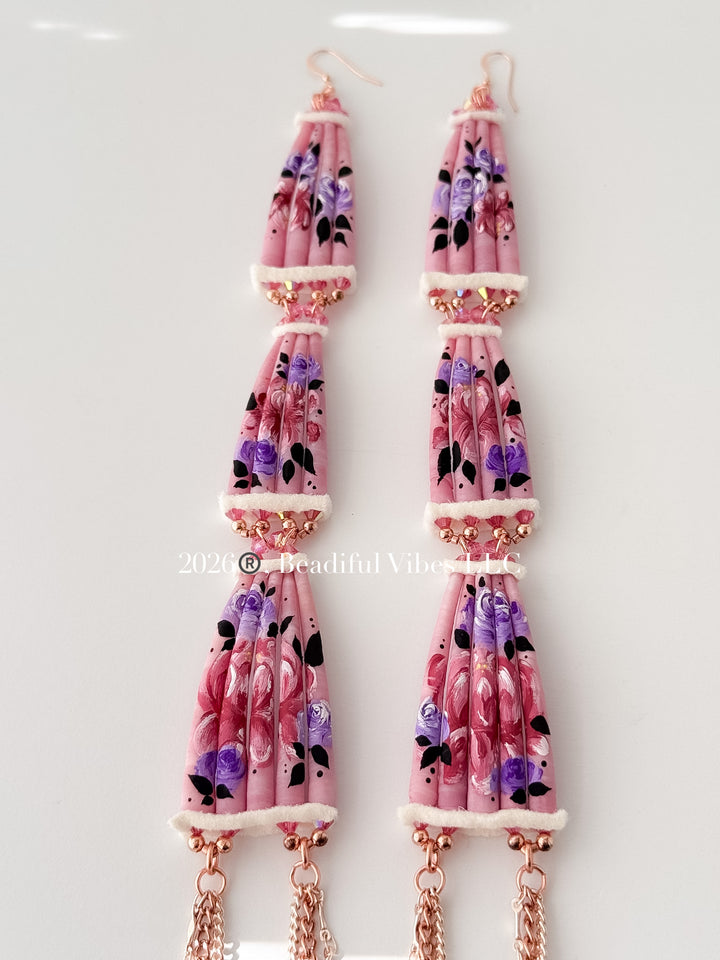 Roses & Peonies-Hand painted Dentalium Earrings