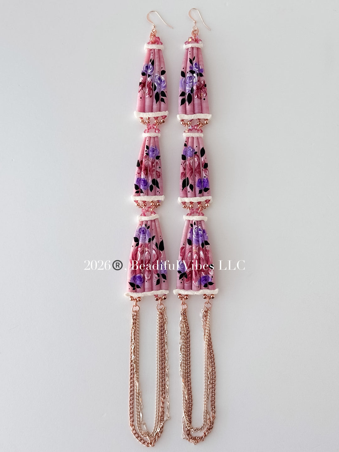 Roses & Peonies-Hand painted Dentalium Earrings